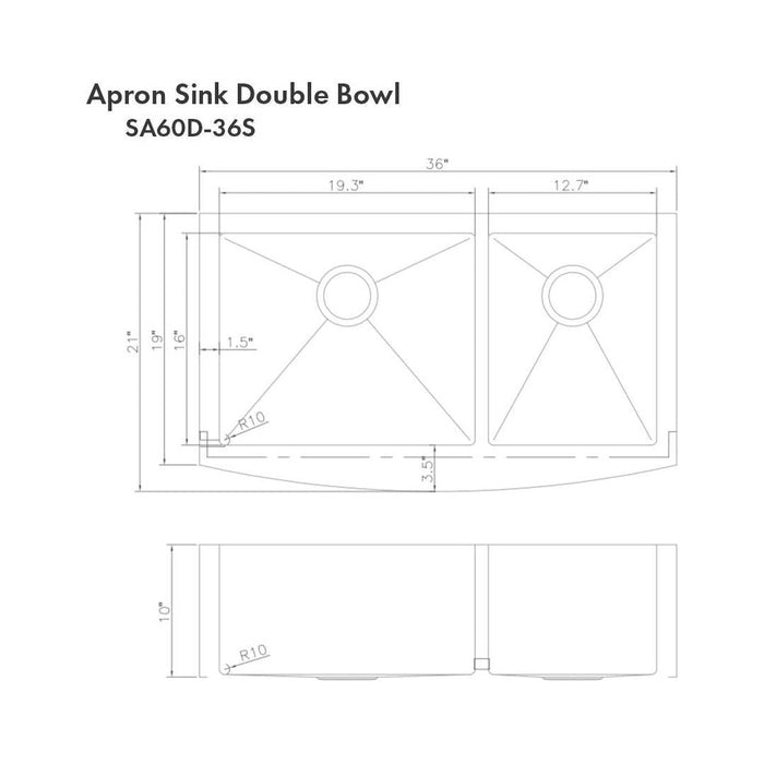 ZLINE 36 in. Courchevel Farmhouse Apron Mount Double Bowl DuraSnow Stainless Steel Kitchen Sink with Bottom Grid SA60D-36S