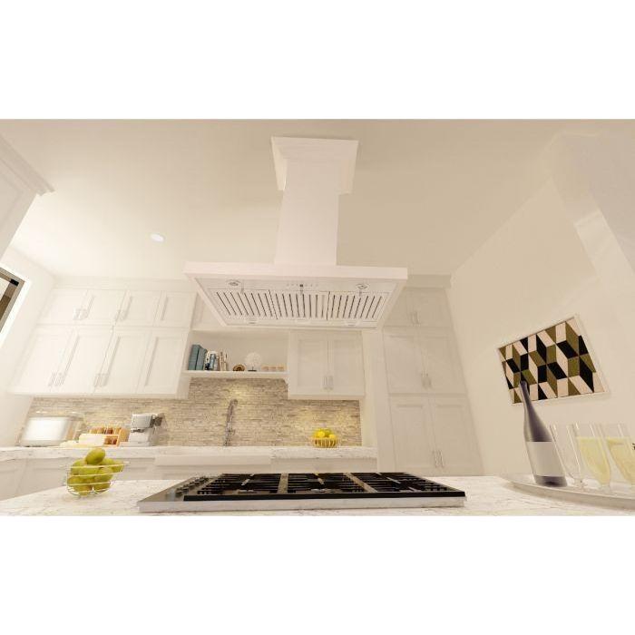 ZLINE 36 in. Designer Series White Wooden Island Range Hood with Crown Molding KBiTT-36