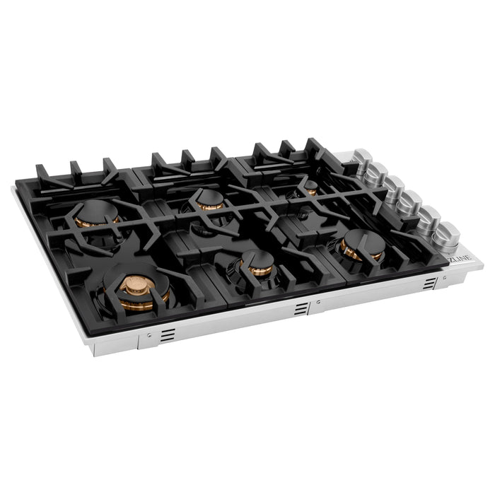 ZLINE 36 in. Dropin Cooktop with 6 Gas Burners and Black Porcelain Top and Brass Burners, RC-BR-36-PBT