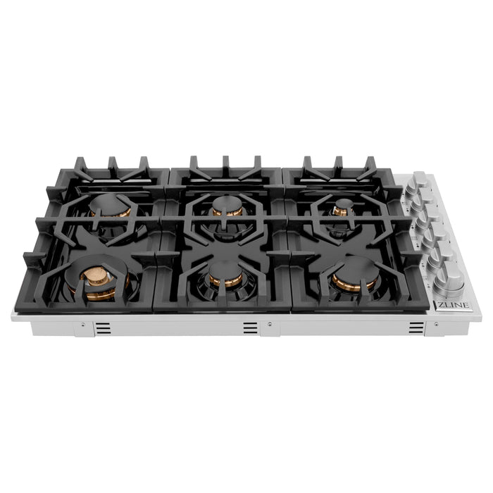 ZLINE 36 in. Dropin Cooktop with 6 Gas Burners and Black Porcelain Top and Brass Burners, RC-BR-36-PBT