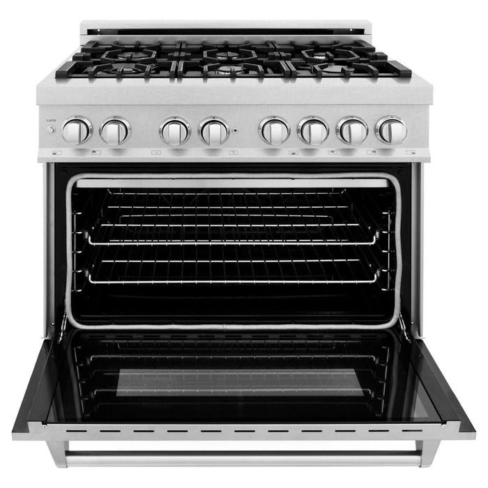 ZLINE 36 in. Dual Fuel Range & 36 in. Range Hood In DuraSnow Appliance Package 2KP-RASSNRH36