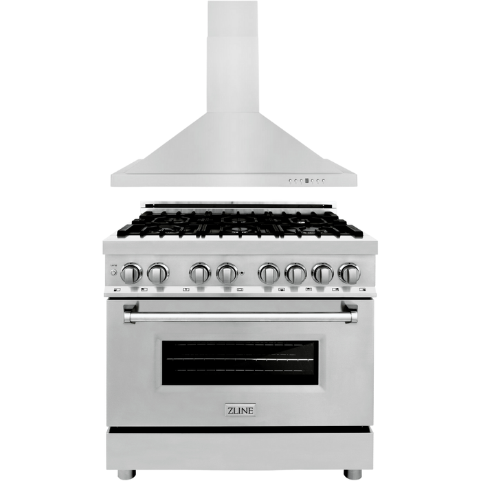 ZLINE 36 in. Dual Fuel Range and 36 in. Range Hood Appliance Package 2KP-RARH36