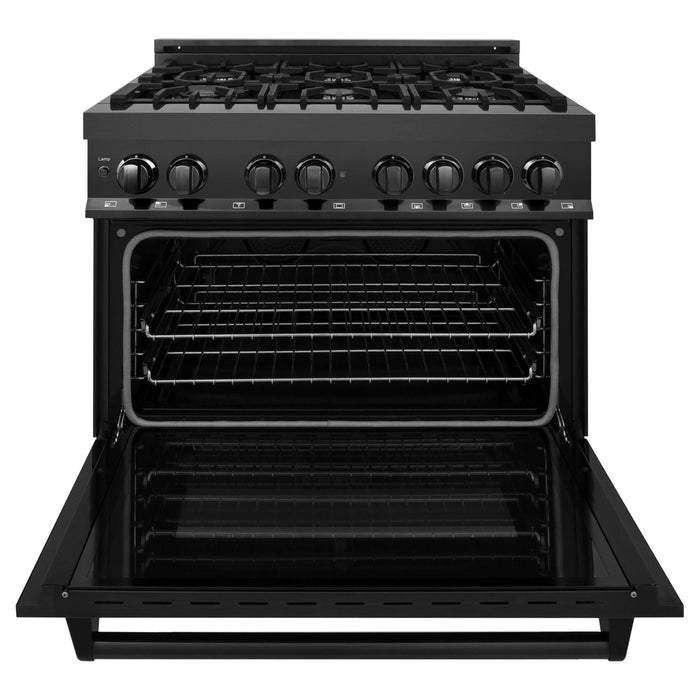 ZLINE 36 in. Dual Fuel Range and Range Hood In Black Stainless Steel Appliance Package 2KP-RABRH36