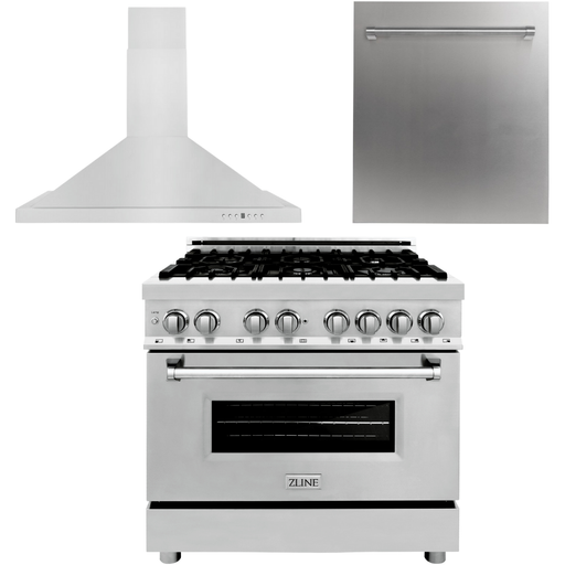 ZLINE 36 in. Dual Fuel Range, Range Hood and Dishwasher Appliance Package 3KP-RARH36-DW