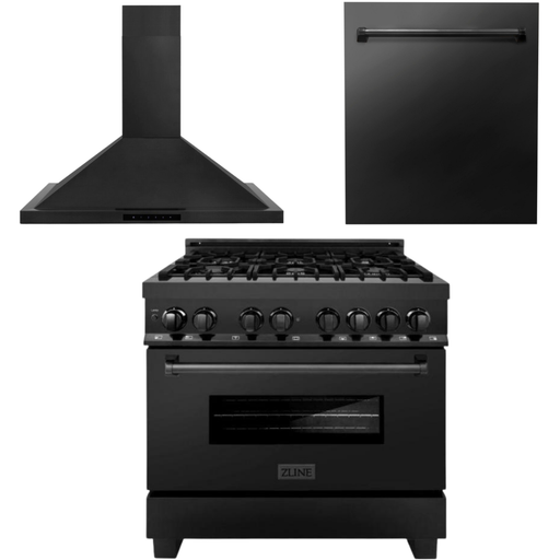 ZLINE 36 in. Dual Fuel Range, Range Hood and Dishwasher in Black Stainless Steel Appliance Package 3KP-RABRH36-DW