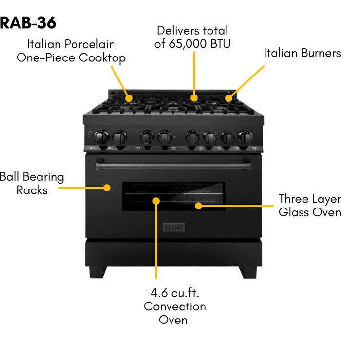 ZLINE 36 in. Dual Fuel Range, Range Hood and Dishwasher in Black Stainless Steel Appliance Package 3KP-RABRH36-DW