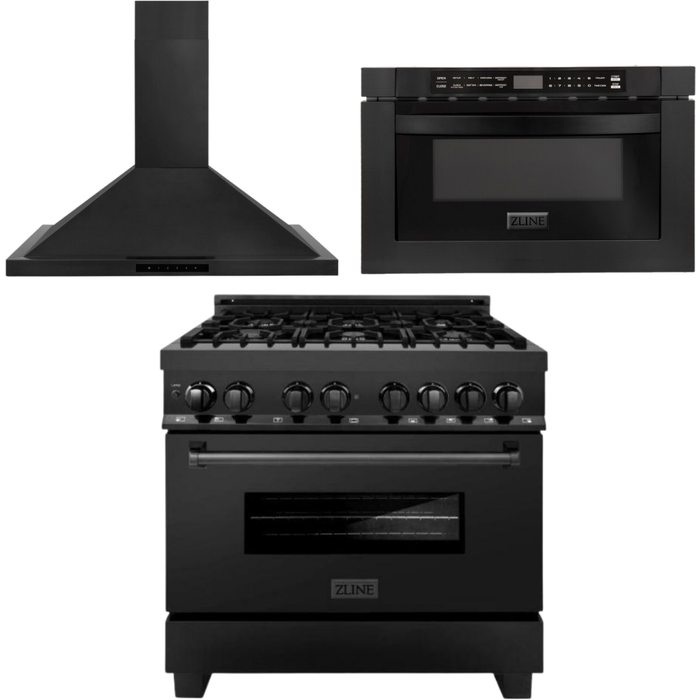 ZLINE 36 in. Dual Fuel Range, Range Hood and Microwave Appliance Package In Black Stainless Steel 3KP-RABRBRH36-MW