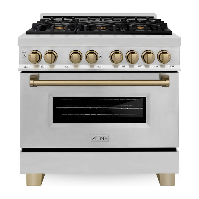 ZLINE 36 In. Dual Fuel Range, Range Hood, Dishwasher, Refrigerator with Champagne Bronze Accents Autograph Kitchen Appliance Package 4KAPR-RARHDWM36-CB