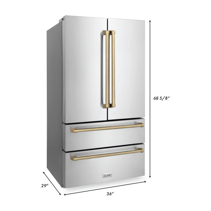 ZLINE 36 In. Dual Fuel Range, Range Hood, Dishwasher, Refrigerator with Champagne Bronze Accents Autograph Kitchen Appliance Package 4KAPR-RARHDWM36-CB