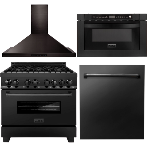 ZLINE 36 in. Dual Fuel Range, Range Hood, Microwave and Dishwasher In Black Stainless Steel Appliance Package