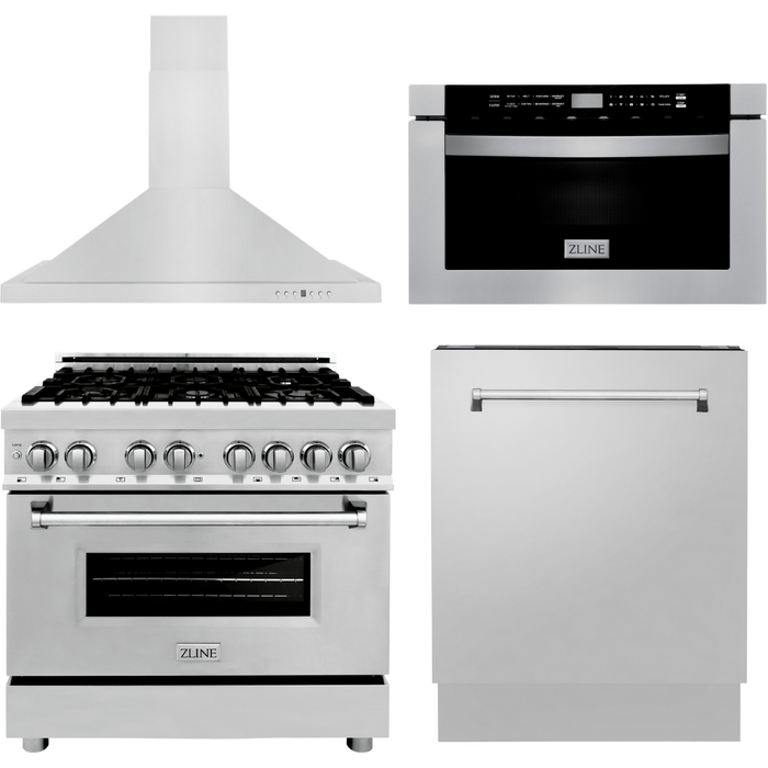 ZLINE 36 in. Dual Fuel Range, Range Hood, Microwave Drawer and 3 Rack Dishwasher Appliance Package 4KP-RARH36-MWDWV