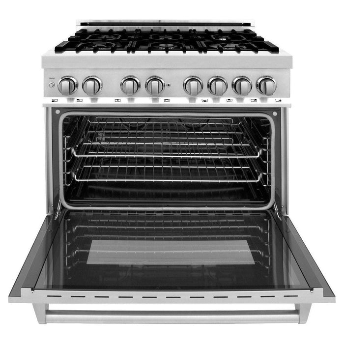 ZLINE 36 in. Dual Fuel Range, Range Hood, Microwave Drawer and 3 Rack Dishwasher Appliance Package 4KP-RARH36-MWDWV