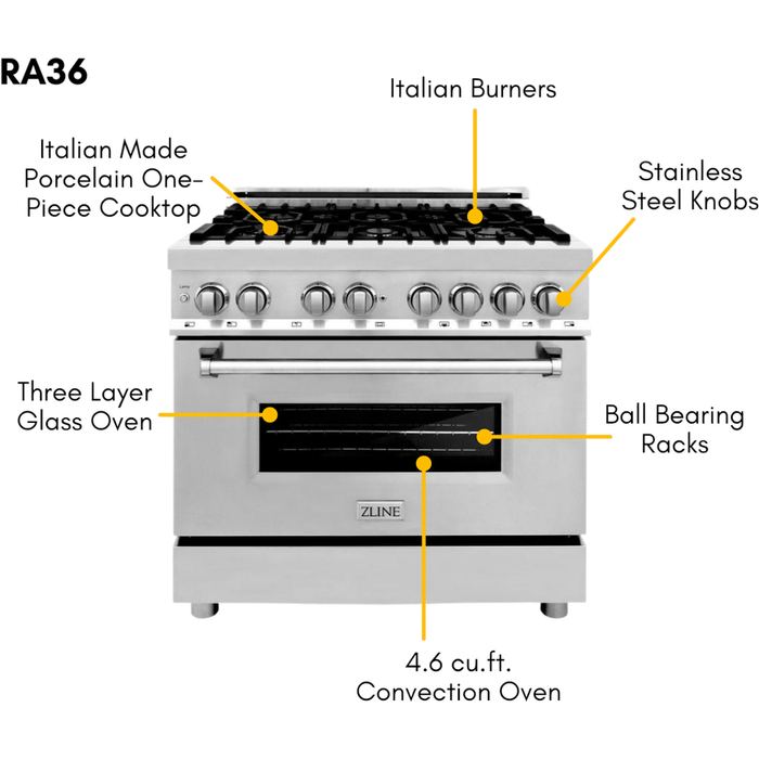 ZLINE 36 in. Dual Fuel Range, Range Hood, Microwave Drawer and Dishwasher Appliance Package 4KP-RARH36-MWDW