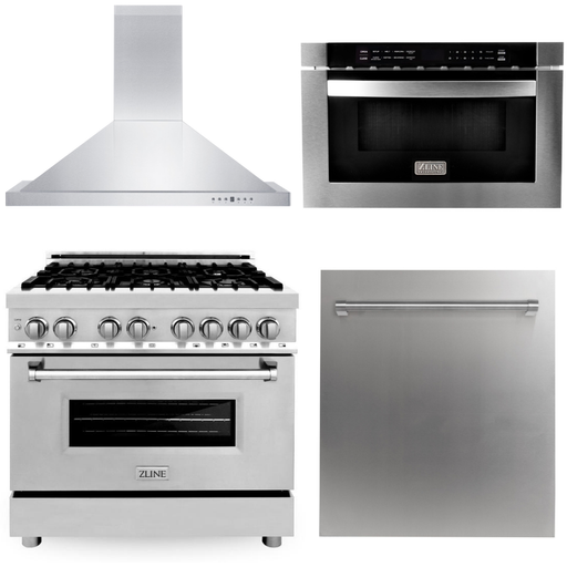 ZLINE 36 in. Dual Fuel Range, Range Hood, Microwave Drawer and Dishwasher Appliance Package