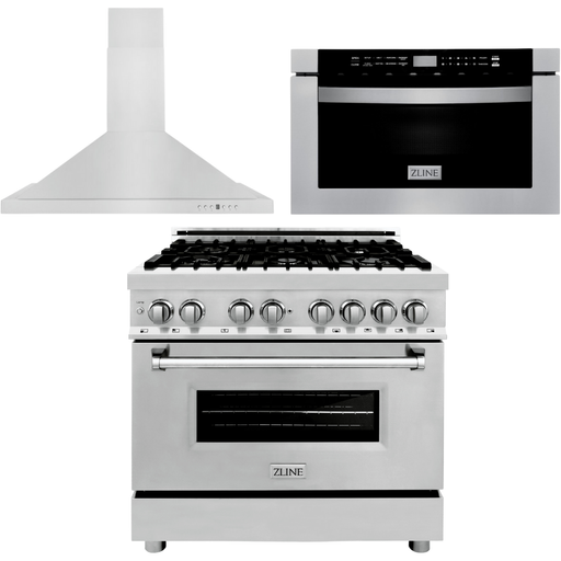 ZLINE 36 in. Dual Fuel Range, Range Hood, Microwave Drawer Appliance Package 3KP-RARH36-MW