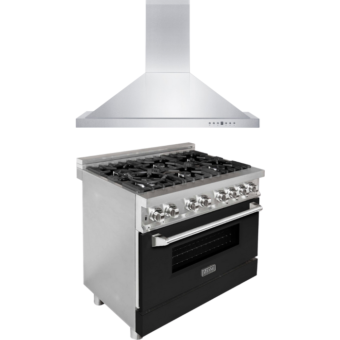 ZLINE 36 in. Dual Fuel Range with Black Matte Doors and 36 in. Range Hood Appliance Package 2KP-RABLMRH36