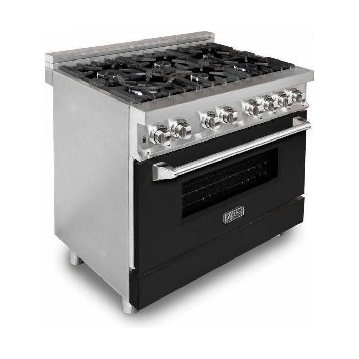 ZLINE 36 in. Dual Fuel Range with Black Matte Doors and 36 in. Range Hood Appliance Package 2KP-RABLMRH36