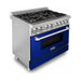 ZLINE 36 in. Dual Fuel Range with Blue Gloss Doors and 36 in. Range Hood Appliance Package 2KP-RABGRH36