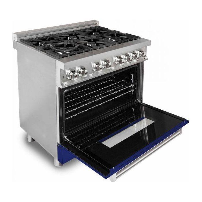 ZLINE 36 in. Dual Fuel Range with Blue Gloss Doors and 36 in. Range Hood Appliance Package 2KP-RABGRH36