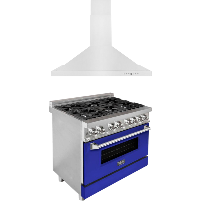 ZLINE 36 in. Dual Fuel Range with Blue Matte Doors & 36 in. Range Hood Appliance Package 2KP-RABMRH36