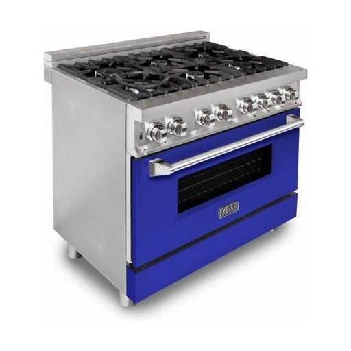 ZLINE 36 in. Dual Fuel Range with Blue Matte Doors & 36 in. Range Hood Appliance Package 2KP-RABMRH36