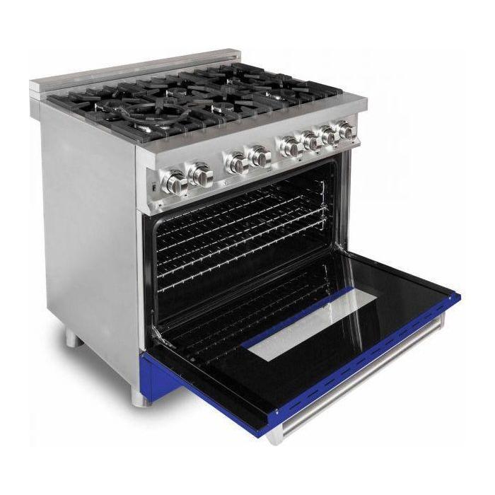 ZLINE 36 in. Dual Fuel Range with Blue Matte Doors & 36 in. Range Hood Appliance Package 2KP-RABMRH36