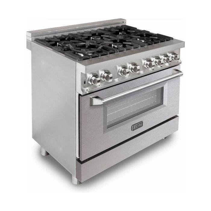 ZLINE 36 in. Dual Fuel Range with DuraSnow Door and 36 in. Range Hood Appliance Package 2KP-RASNRH36