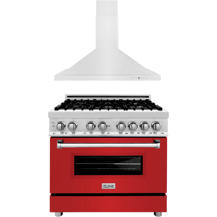 ZLINE 36 in. Dual Fuel Range with Red Matte Doors & 36 in. Range Hood Appliance Package 2KP-RARMRH36