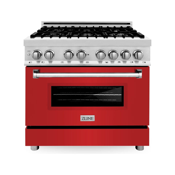 ZLINE 36 in. Dual Fuel Range with Red Matte Doors & 36 in. Range Hood Appliance Package 2KP-RARMRH36