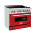 ZLINE 36 in. Dual Fuel Range with Red Matte Doors & 36 in. Range Hood Appliance Package 2KP-RARMRH36