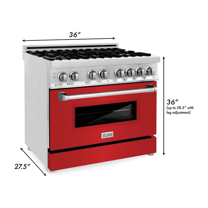 ZLINE 36 in. Dual Fuel Range with Red Matte Doors & 36 in. Range Hood Appliance Package 2KP-RARMRH36