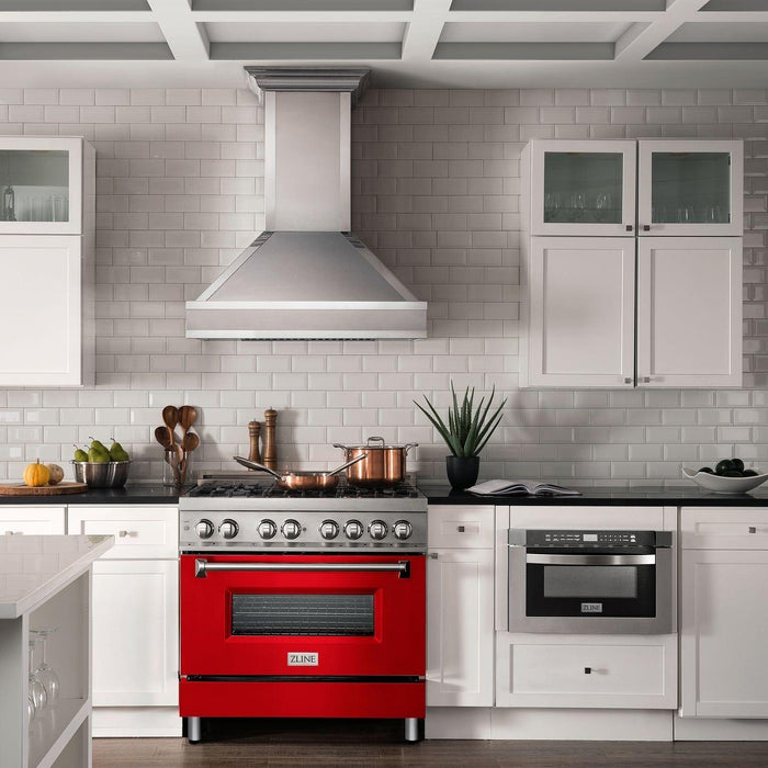 ZLINE 36 in. Dual Fuel Range with Red Matte Doors & 36 in. Range Hood Appliance Package 2KP-RARMRH36