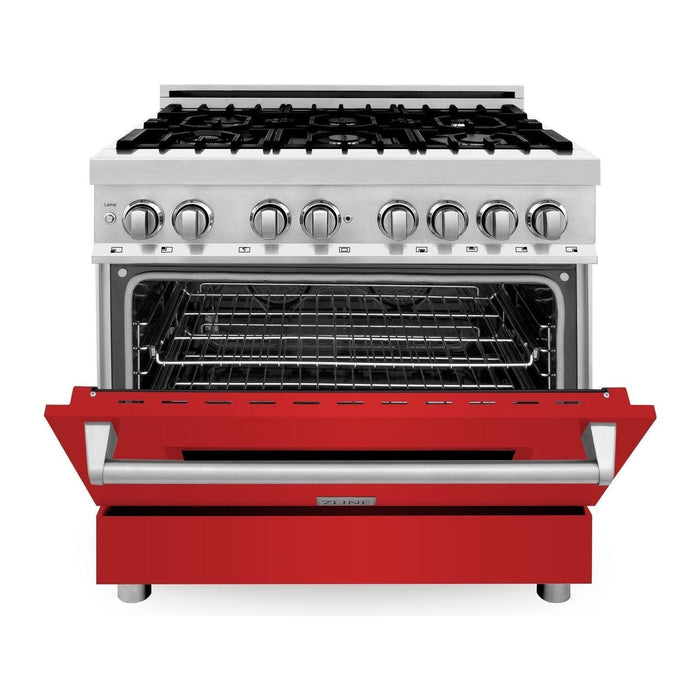 ZLINE 36 in. Dual Fuel Range with Red Matte Doors & 36 in. Range Hood Appliance Package 2KP-RARMRH36