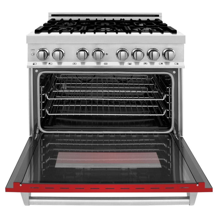 ZLINE 36 in. Dual Fuel Range with Red Matte Doors & 36 in. Range Hood Appliance Package 2KP-RARMRH36