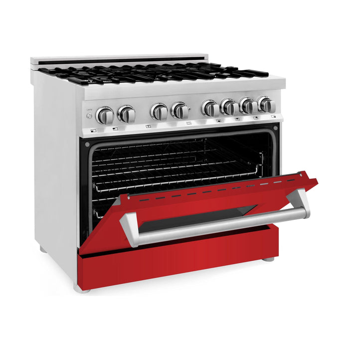 ZLINE 36 in. Dual Fuel Range with Red Matte Doors & 36 in. Range Hood Appliance Package 2KP-RARMRH36