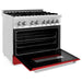 ZLINE 36 in. Dual Fuel Range with Red Matte Doors & 36 in. Range Hood Appliance Package 2KP-RARMRH36