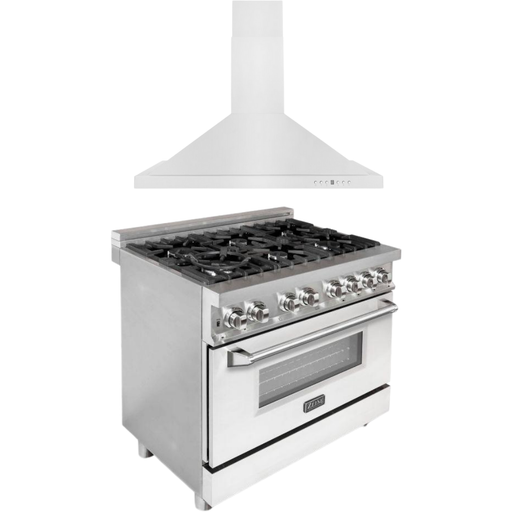 ZLINE 36 in. Dual Fuel Range with White Matte Door & 36 in. Range Hood Appliance Package 2KP-RAWMRH36