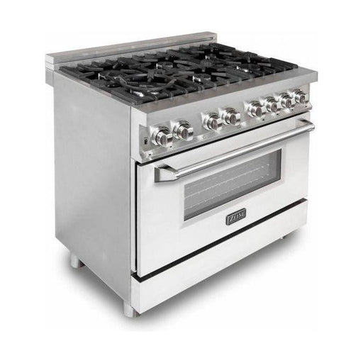 ZLINE 36 in. Dual Fuel Range with White Matte Door & 36 in. Range Hood Appliance Package 2KP-RAWMRH36