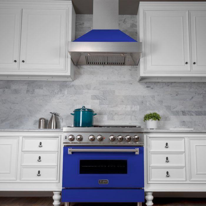 ZLINE 36 in. Ducted DuraSnow Stainless Steel Range Hood with Blue Matte Shell 8654BM-36