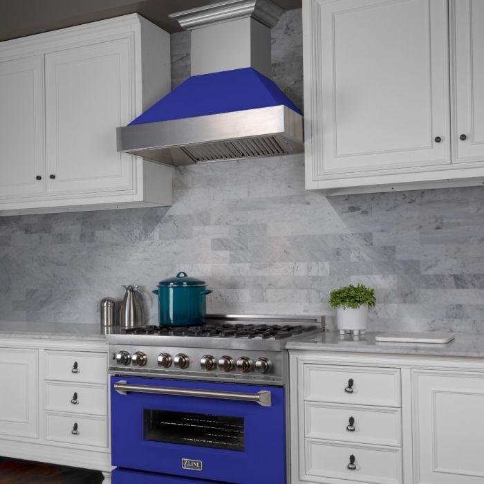 ZLINE 36 in. Ducted DuraSnow Stainless Steel Range Hood with Blue Matte Shell 8654BM-36