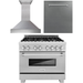 ZLINE 36 in. DuraSnow Stainless Dual Fuel Range, Ducted Vent Range Hood and Dishwasher Kitchen Appliance Package 3KP-RASRH36-DW