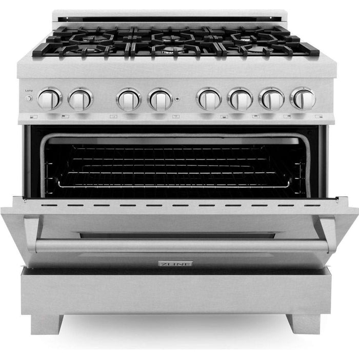 ZLINE 36 in. DuraSnow Stainless Dual Fuel Range, Ducted Vent Range Hood and Dishwasher Kitchen Appliance Package 3KP-RASRH36-DW