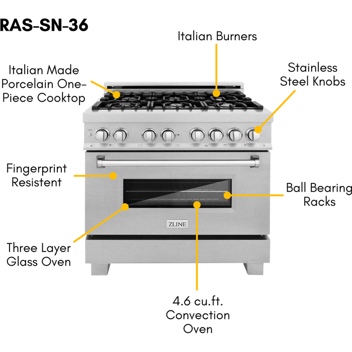 ZLINE 36 in. DuraSnow Stainless Dual Fuel Range, Ducted Vent Range Hood and Dishwasher Kitchen Appliance Package 3KP-RASRH36-DW