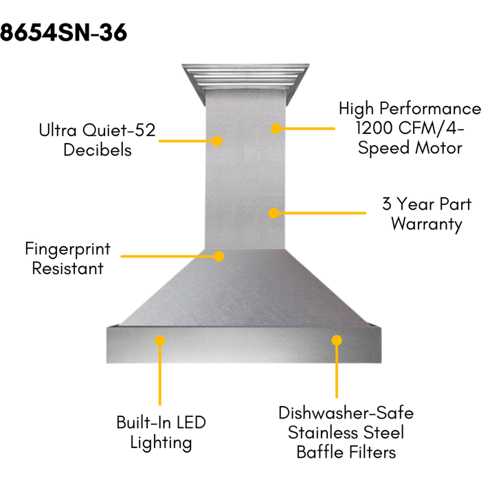 ZLINE 36 in. DuraSnow Stainless Dual Fuel Range, Ducted Vent Range Hood and Tall Tub Dishwasher Kitchen Appliance Package 3KP-RASRH36-DWV