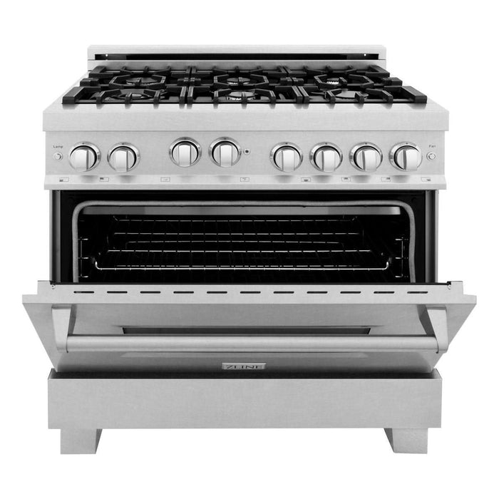 ZLINE 36 in. DuraSnow Stainless Steel Gas Range, Ducted Range Hood and Dishwasher Kitchen Appliance Package 3KP-RGSRH36-DW