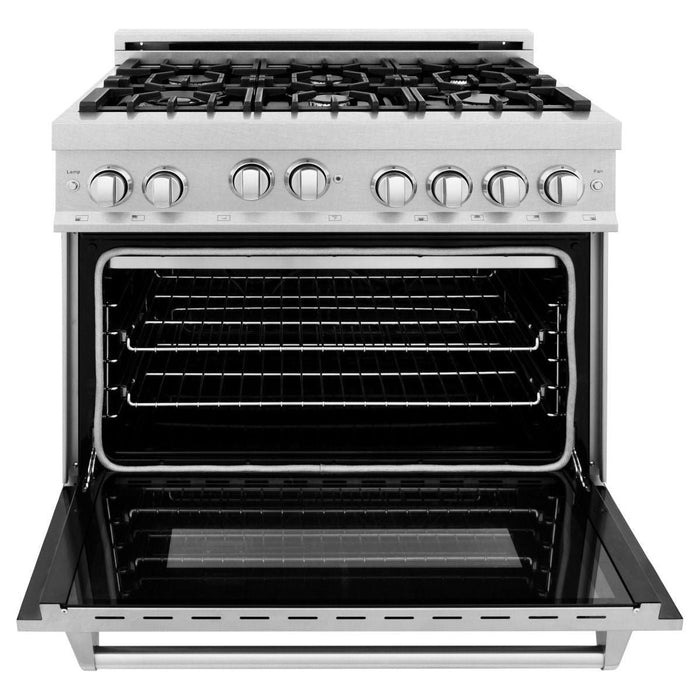 ZLINE 36 in. DuraSnow Stainless Steel Gas Range, Ducted Range Hood and Dishwasher Kitchen Appliance Package 3KP-RGSRH36-DW