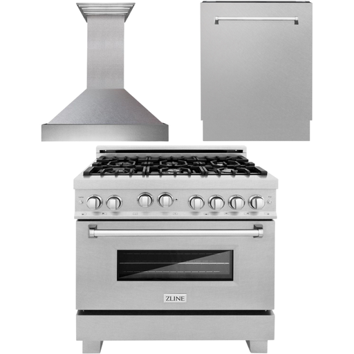 ZLINE 36 in. DuraSnow Stainless Steel Gas Range, Ducted Range Hood and Dishwasher Kitchen Appliance Package 3KP-RGSRH36-DWV