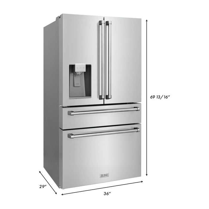 ZLINE 36 In. French Door Refrigerator with Water Dispenser, Ice Maker In Fingerprint Resistant Stainless Steel RFM-W-36