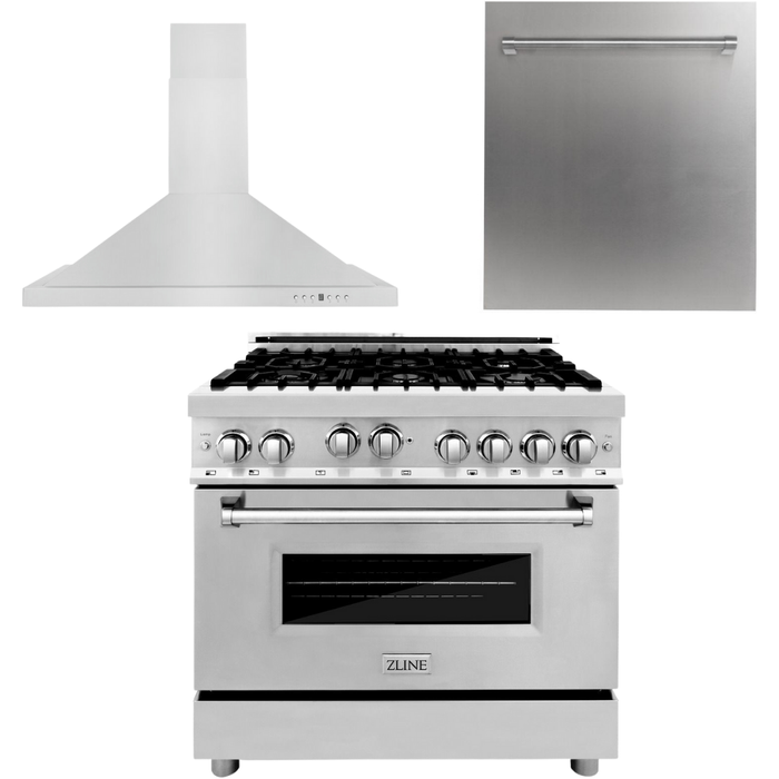 ZLINE 36 in. Gas Range, Range Hood and Dishwasher Appliance Package 3KP-RGRH36-DW