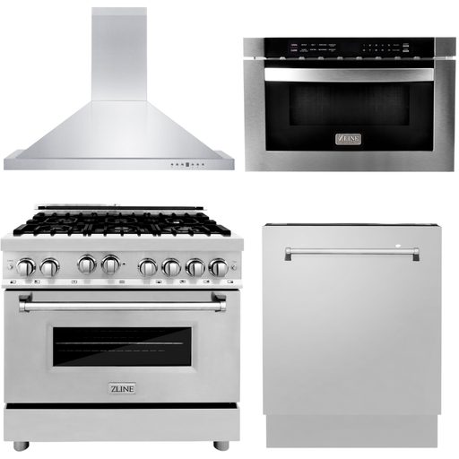 ZLINE 36 in. Gas Range, Range Hood, Microwave Drawer and 3 Rack Dishwasher Appliance Package